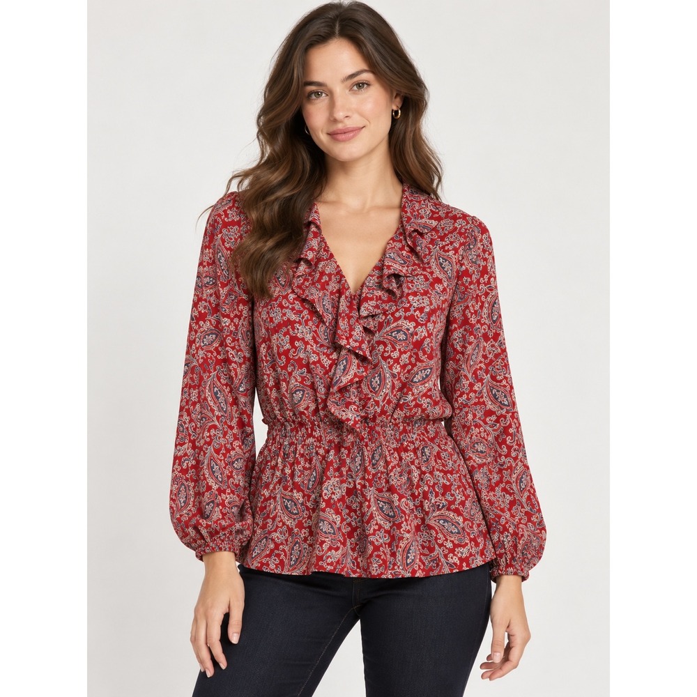 Chaps Womens Red Paisley Ruffle V-Neck Smocked Waist Peplum Blouse Small